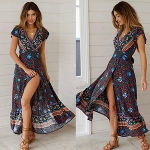 NWOT Bohemian V-Neck Wrap Maxi Dress